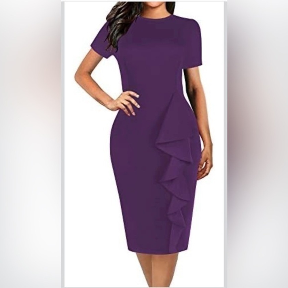 OXIULY Women's Casual Purple Short Sleeve Round Neck Pencil Dress Knee-Length L
